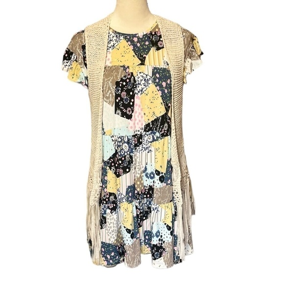 Women’s boutique Medium patchwork babydoll dress stretchy boho with pockets - Picture 1 of 7